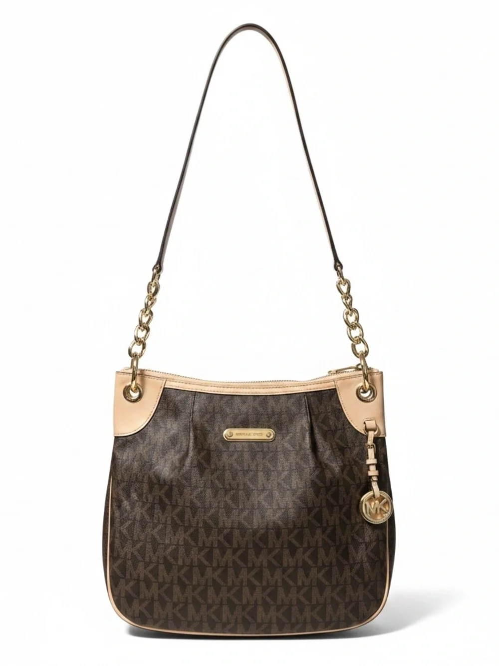 Michael Kors Brown Monogram Shoulder Bag with Light Tan Trim